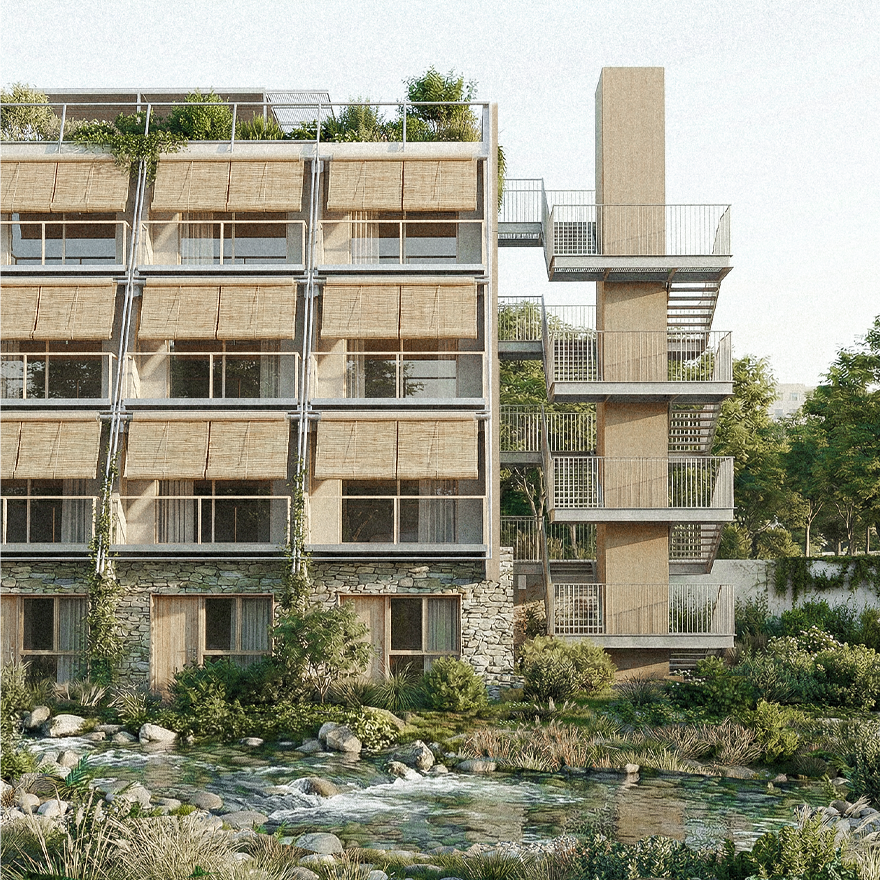Facade of the Linear Housing and Dry Creek Landscape